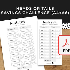 Heads or Tails Savings Challenge Coin Toss - A6 + A4 Printable PDF Downloadable - Budget, Save Money, Sinking Funds, Savings Fund