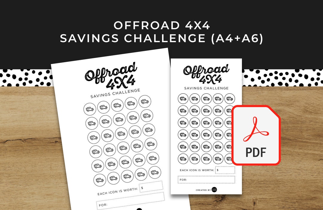 Offroad 4X4 adventure Savings Challenge A6 A4 Printable PDF Downloadable Minimal Design Budget