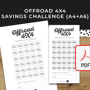 Offroad 4X4 (Adventure) Savings Challenge - A6 + A4 Printable PDF Herunterladbar - Minimal Design - Budget, Sink Funds, Jeep, Four Wheel
