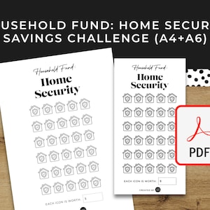May include: Printable home security savings challenge in black and white. The challenge features a grid of 60 house icons with a shield, each representing a pound amount to save. The text "Household Fund: Home Security Savings Challenge (A4+A6)" is at the top of the page.