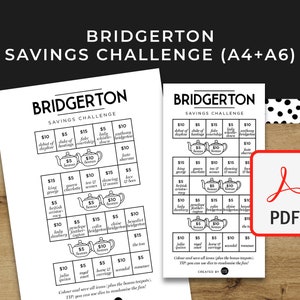 Może przedstawiać: Drukowana gra z wyzwaniem oszczędzania w stylu Bridgerton. Plansza gry zawiera siatkę z różnymi działaniami związanymi z Bridgertonem, takimi jak "Uczestniczenie w balu" i "Czytanie książki". Każde działanie ma odpowiadającą mu kwotę w euro, a gracze mogą zarabiać pieniądze, wykonując te działania. Gra ma na celu pomóc ludziom w oszczędzaniu pieniędzy i jednoczesnej zabawie.