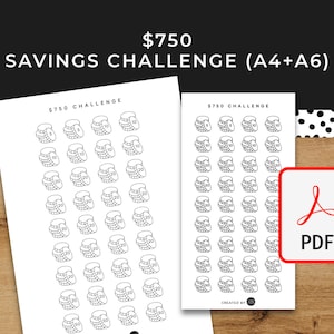 750 Savings Challenge - Seven Fifty hundred - A6 + A4 Printable PDF Downloadable - Minimal Design - Budget, Save Money, Sinking Funds