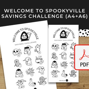 Puede incluir: Dos imprimibles de desafío de ahorro con temática de Halloween con el texto "WELCOME TO SPOOKYVILLE SAVINGS CHALLENGE". Los diseños incluyen ilustraciones espeluznantes y un icono PDF. El fondo es una superficie de madera.