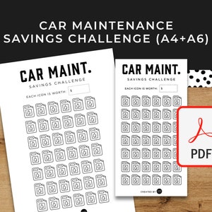 Car Maintenance Savings Challenge - A6 + A4 Printable PDF Downloadable - Minimal Design - Budget, Sinking Funds, Savings,