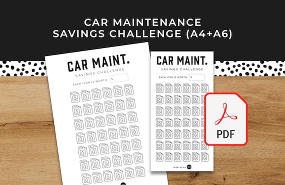 Car Maintenance Savings Challenge - A6 + A4 Printable PDF Downloadable - Minimal Design - Budget, Sinking Funds, Savings,