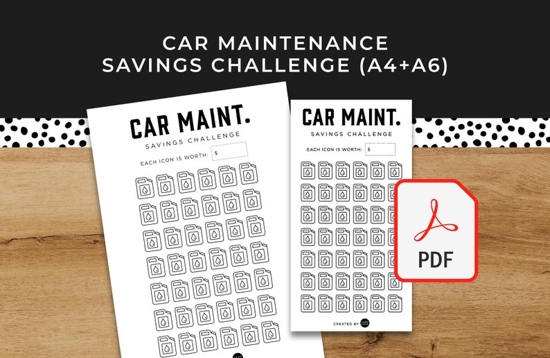 May include: A printable car maintenance savings challenge tracker. The tracker has two pages, each with a grid of 60 icons that look like gas cans. The text "CAR MAINT. SAVINGS CHALLENGE" is at the top of each page. The text "EACH ICON IS WORTH: $ _____" is below the title. The text "CREATED BY" is at the bottom of the page.