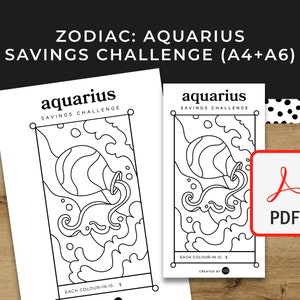 AQUARIUS (Zodiac / Star Sign) Savings Challenge - A6 + A4 Printable PDF Downloadable - Bills Minimal Design, Budget, Sinking Funds, Colour