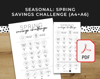 Könnte beinhalten: Ein druckbarer Frühlings-Spar-Challenge-Chart mit einem Schwarzweiß-Design. Die Tabelle enthält eine Liste von Artikeln, für die man jede Woche Geld sparen kann, mit einem Gesamtsparziel von 120 €. Die Tabelle enthält auch ein Bonus-Sparziel von 20 € für das Ausmalen zusätzlicher Artikel.