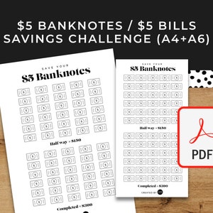 5 Dollar Banknotes/Bills/Money Savings Challenge - A6 + A4 Printable PDF Downloadable - Minimal Design - Budget, Sinking Funds, Savings
