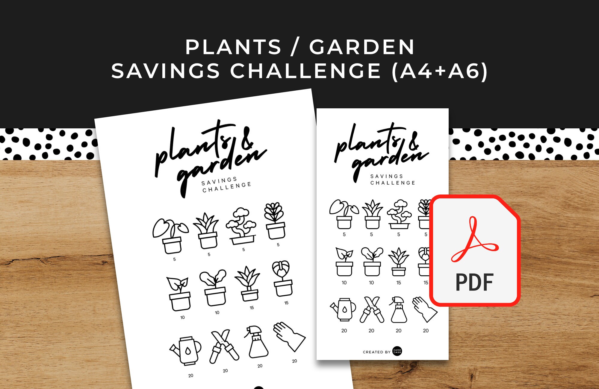 植物と庭の節約チャレンジ - A6 + A4 印刷可能 PDF ダウンロード可能 - ミニマルデザイン - 予算、積立金、貯蓄、ガーデニング