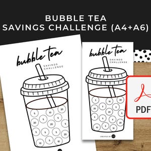 May include: Black and white printable bubble tea savings challenge. The design features a bubble tea cup with circles labeled with numbers. The text "BUBBLE TEA SAVINGS CHALLENGE" is at the top. A PDF icon is in the corner.