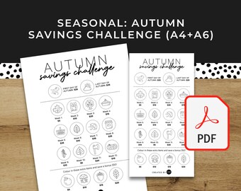 May include: Printable black and white autumn savings challenge with icons of leaves, owls, pumpkins, and acorns. The challenge is designed to help you save money each week for 12 weeks.  The printable is available in A4 and A6 sizes.