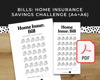 Home Insurance Bill Savings Challenge - A6 + A4 Printable PDF Downloadable - Bills Minimal Design, Budget, Save Money, Sinking Funds