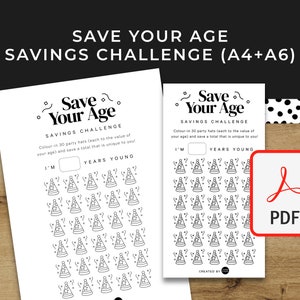 May include: Printable black and white "Save Your Age" savings challenge worksheet with 30 party hats to colour in. The worksheet includes the text "I'm ____ years young".