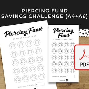 Può includere: Un tracker di sfida di risparmio stampabile con un'illustrazione in bianco e nero di un anello da piercing. Il tracker ha 30 cerchi con il testo "Piercing Fund Savings Challenge" in alto. Il testo "Ogni icona vale ___ €" è in basso.