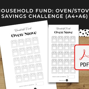 Sfida di risparmio sul forno/stufa per uso domestico - PDF stampabile scaricabile A6 + A4 - Design minimale - Budget, risparmio di denaro, ammortamento dei fondi