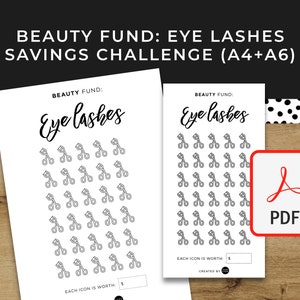 May include: Printable savings challenge tracker with the text "Beauty Fund: Eye Lashes" and a grid of 48 eyelash curler icons. Each icon is worth a pound sterling amount. The printable is designed for A4 and A6 paper sizes.