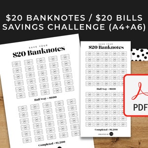 20 Dollar Banknoten / Rechnungen / Geldspar-Challenge - A6 + A4 Druckbare PDF-Datei zum Herunterladen - Minimales Design - Haushalt, sinkende Mittel, Ersparnisse