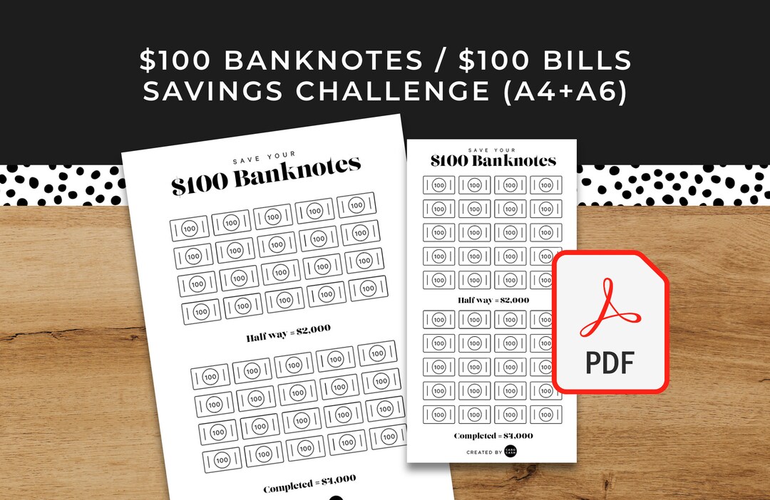 100 Dollar Banknotes/bills/money Savings Challenge - A6 + A4 Printable ...