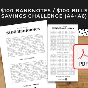 100 Dollar Banknotes/Bills/Money Savings Challenge - A6 + A4 Printable PDF Downloadable - Minimal Design - Budget, Sinking Funds, Savings