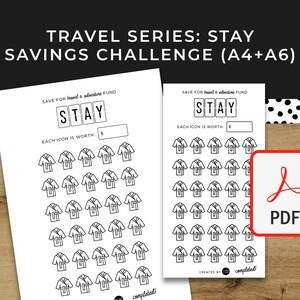 May include: Two white printable savings challenge sheets with the text "TRAVEL SERIES: STAY SAVINGS CHALLENGE". Each sheet has a section to track savings with the word "STAY" and shirt icons. A red PDF icon is also present.
