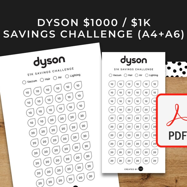 1K (1000) Dyson Savings Challenge - A6 + A4 Printable PDF Downloadable - Minimal Design - Budget, Sinking Funds, Savings,