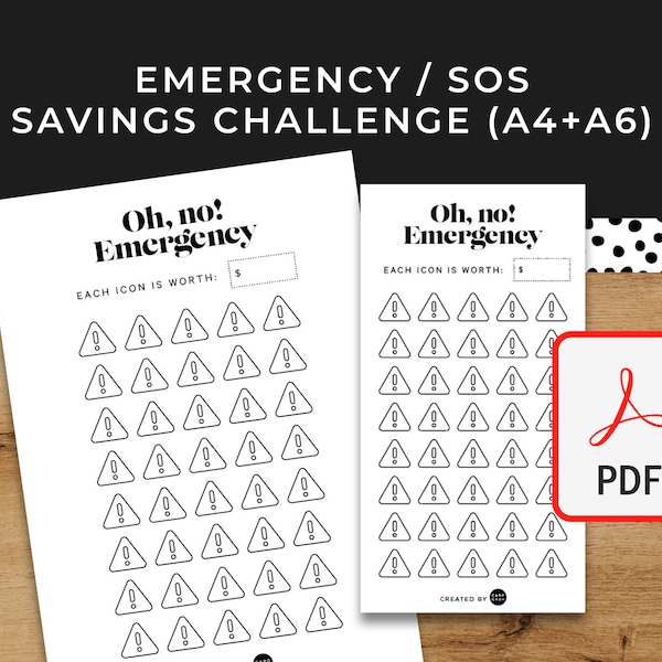 Emergency SOS Savings Challenge - A6 + A4 Printable PDF Downloadable - Minimal Design - Budget, Save Money, Sinking Funds