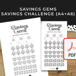 May include: Two printable black and white sheets with the text "Savings Gems Savings Challenge" and a design of multiple crystal shapes. The sheets are sized for A4 and A6 paper.