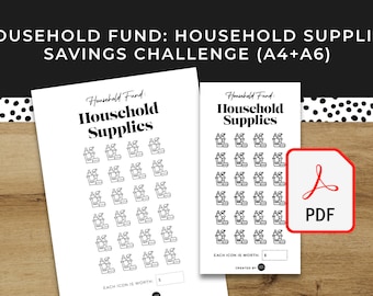 May include: Two printable sheets with a black and white design of household supplies. Each sheet has the text "Household Fund: Household Supplies" and "Each icon is worth $." The sheets are designed for a savings challenge.