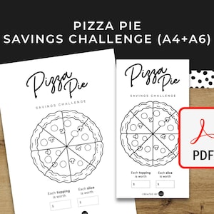 May include: Two white printable "Pizza Pie Savings Challenge" sheets with a pizza graphic. The text "Pizza Pie Savings Challenge" is at the top. A red and white PDF icon is on the right. The sheets are on a wooden surface.