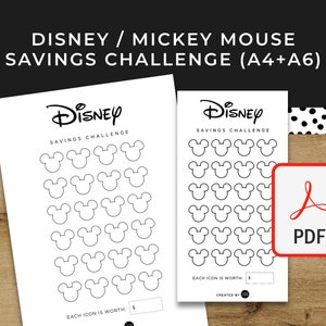 DIISNEY Mickey Spar-Challenge (Moterm, Gillio, Happy Planner) - A6 + A4 Druckbare PDF-Datei zum Herunterladen - Minimales Design Budget Sinkende Mittel