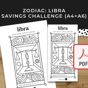 LIBRA (Zodiac / Star Sign) Savings Challenge - A6 + A4 Printable PDF Downloadable - Bills Minimal Design, Budget, Sinking, Colour, Color