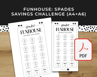 May include: A printable savings challenge tracker with a spades theme. The tracker features a black and white design with a spade card symbol for each week. The tracker includes a savings goal for each week, with amounts ranging from 10 to 35 dollars. The tracker also includes bonus weeks with savings goals of 10, 15, and 25 dollars.