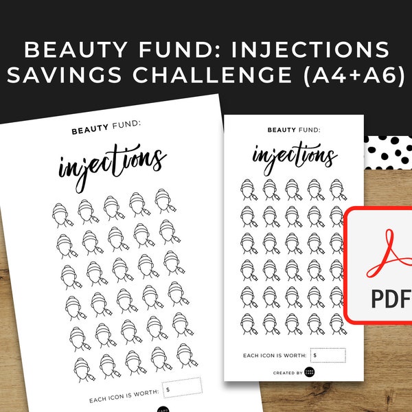 INJECTIONS Fillers Anti Ageing Fund Savings Challenge - A6 + A4 Printable PDF Downloadable - Bills Minimal Design, Budget, Save Money