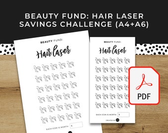 May include: Two printable sheets with a savings challenge for hair laser treatment. Each sheet has the text "Beauty Fund: Hair Laser" and features 40 icons of a leg with a laser beam. The text "Each icon is worth $___" is at the bottom of each sheet.