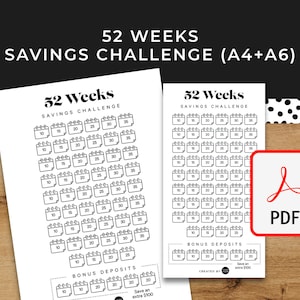 52 Weeks Savings Challenge - A6 + A4 Printable PDF Downloadable - Minimal Design - Budget, Sinking Funds, Savings,
