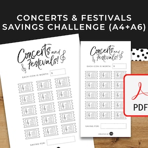 Concerts / Festivals / Events Savings Challenge - A6 + A4 Printable PDF Downloadable - Minimal Design Budget, Sinking Funds, Savings, Music