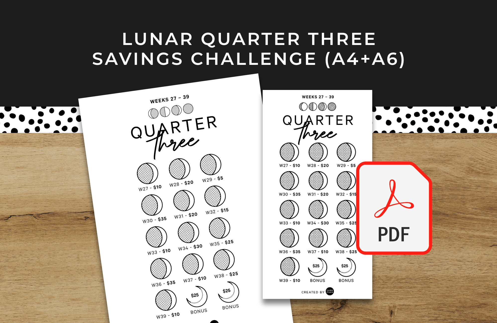 LUNAR 四半期 3 貯蓄チャレンジ 季節限定 - A6 + A4 印刷可能 PDF ダウンロード可能 - ミニマル デザイン - 予算、積立金、貯蓄