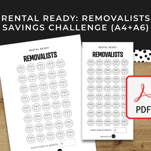 May include: Two printable sheets for a savings challenge. Each sheet has the text "Rental Ready: Removalists" and features a grid of 50 boxes. The text "Each icon is worth £___" is at the bottom of each sheet.