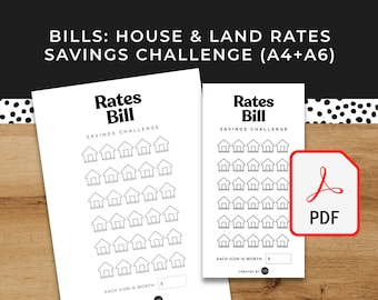 Rates House Land Bill Savings Challenge - A6 + A4 Printable PDF Downloadable - Bills Minimal Design, Budget, Save Money, Sinking Funds