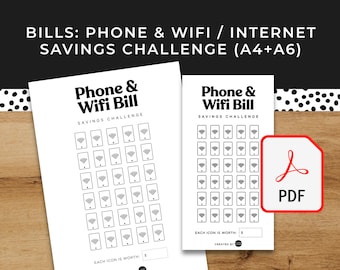 Phone Wifi Internet Bill Savings Challenge - A6 + A4 Printable PDF Downloadable - Bills Minimal Design, Budget, Save Money, Sinking Funds