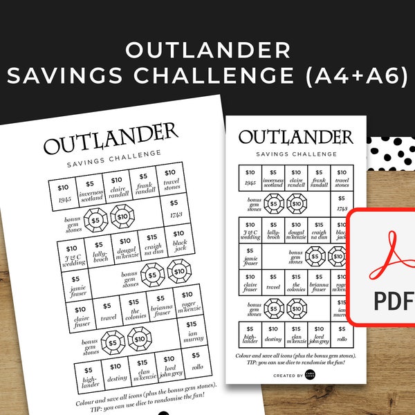 Outlander Savings Challenge - A6 + A4 Printable PDF Downloadable - Minimal Design - Budget, Sinking Funds, Jamie Fraser, Claire, Scotland
