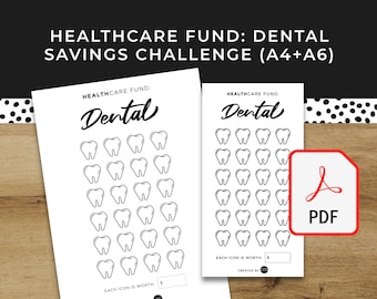 DENTAL Gesundheitsfonds Savings Challenge - A6 + A4 druckbare PDF herunterladbar - Rechnungen Minimal Design, Budget, Geld sparen, Geld versenken