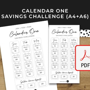 Könnte beinhalten: Ein druckbarer Sparkalender für Januar, Februar und März. Der Kalender ist in Wochen unterteilt, mit vorgeschlagenen Sparbeträgen von 10 €, 20 €, 30 € und 40 €. Es gibt auch Bonus-Einzahlungsbeträge von 10 €, 20 € und 30 €.