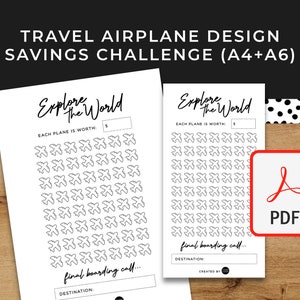 Travel (Airplane) Savings Challenge - A6 + A4 Printable PDF Downloadable - Minimal Design - Budget, Sinking Funds, Savings,