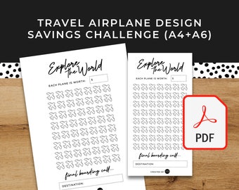 Könnte beinhalten: Ein druckbarer schwarz-weißer Spar-Challenge-Tracker mit dem Text "Explore the World". Der Tracker verfügt über ein Raster mit Flugzeug-Symbolen, die Sie beim Sparen für Ihre nächste Reise ausmalen können.