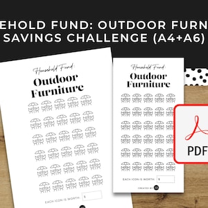 Haushalt Outdoor Möbel Savings Challenge A6 A4 druckbare PDF herunterladbar Minimal Design Budget, Geld sparen, Geld versenken Bild 1