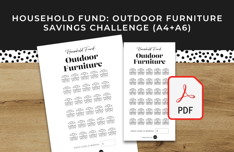 Haushalt Outdoor Möbel Savings Challenge A6 A4 druckbare PDF herunterladbar Minimal Design Budget, Geld sparen, Geld versenken Bild 1