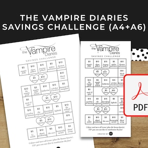 Puede incluir: Un juego de desafío de ahorro imprimible con personajes del programa de televisión "The Vampire Diaries". El tablero de juego es en blanco y negro y presenta corazones, signos de dólares y los nombres de los personajes del programa. El texto "The Vampire Diaries Savings Challenge" está en la parte superior del tablero.