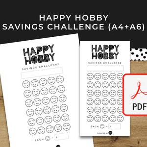 HOBBY Happy (Books, Movies, Games) Savings Challenge - A6 + A4 Printable PDF Downloadable - Minimal Design - Budget, Sinking Funds, Savings